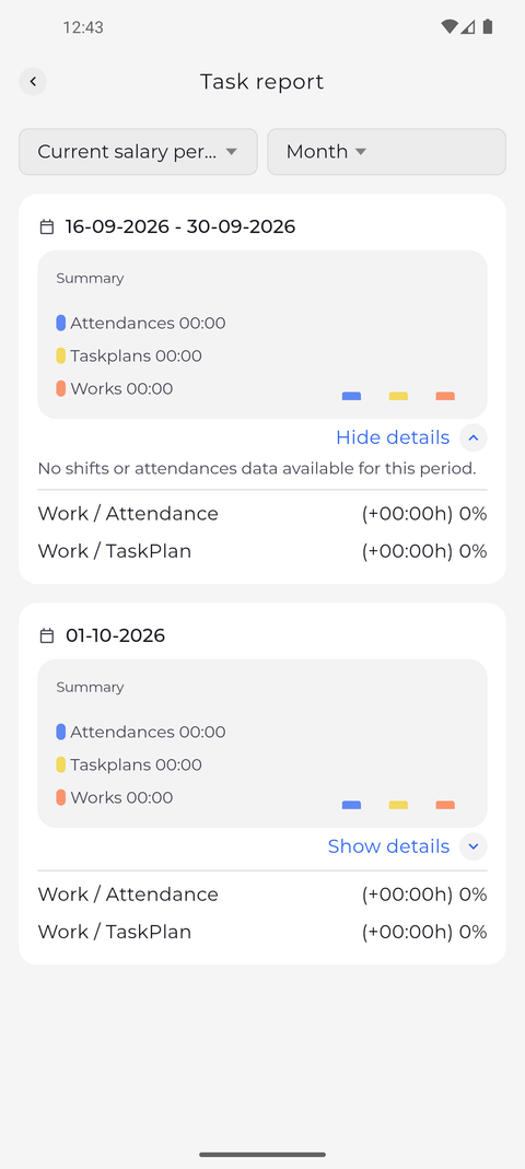 Screenshot: Show details lists the shifts and attendances behind the figures
