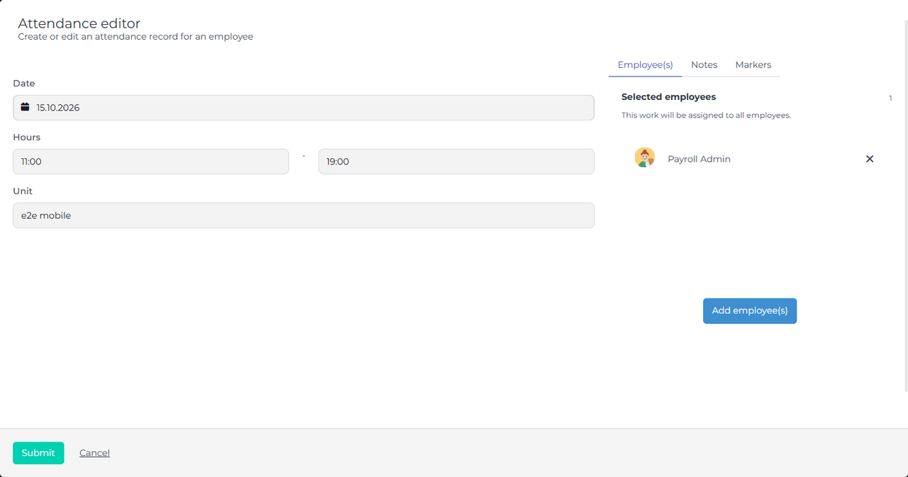 Screenshot: Add attendance opens the attendance editor with the shift's hours