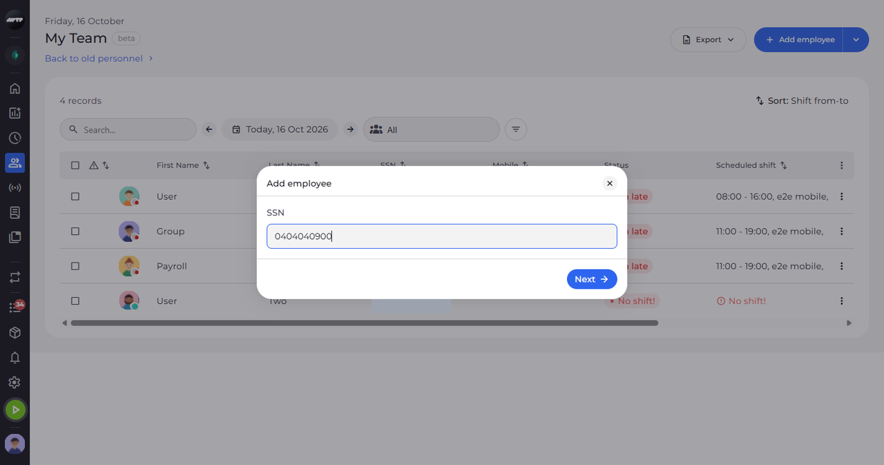 Screenshot: Click Add employee and type the SSN