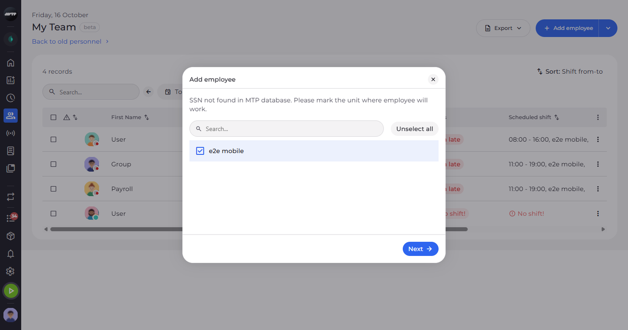Screenshot: Choose the units the employee works in