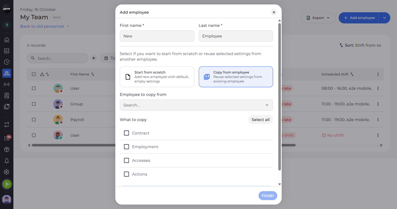 Screenshot: Or copy settings from another employee