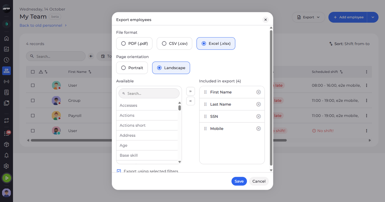 Screenshot: Choose the file format and the fields