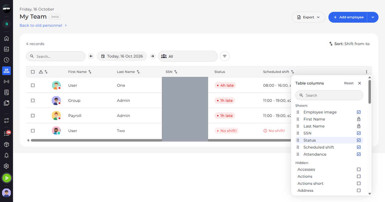 Screenshot: Click a shown column to hide it