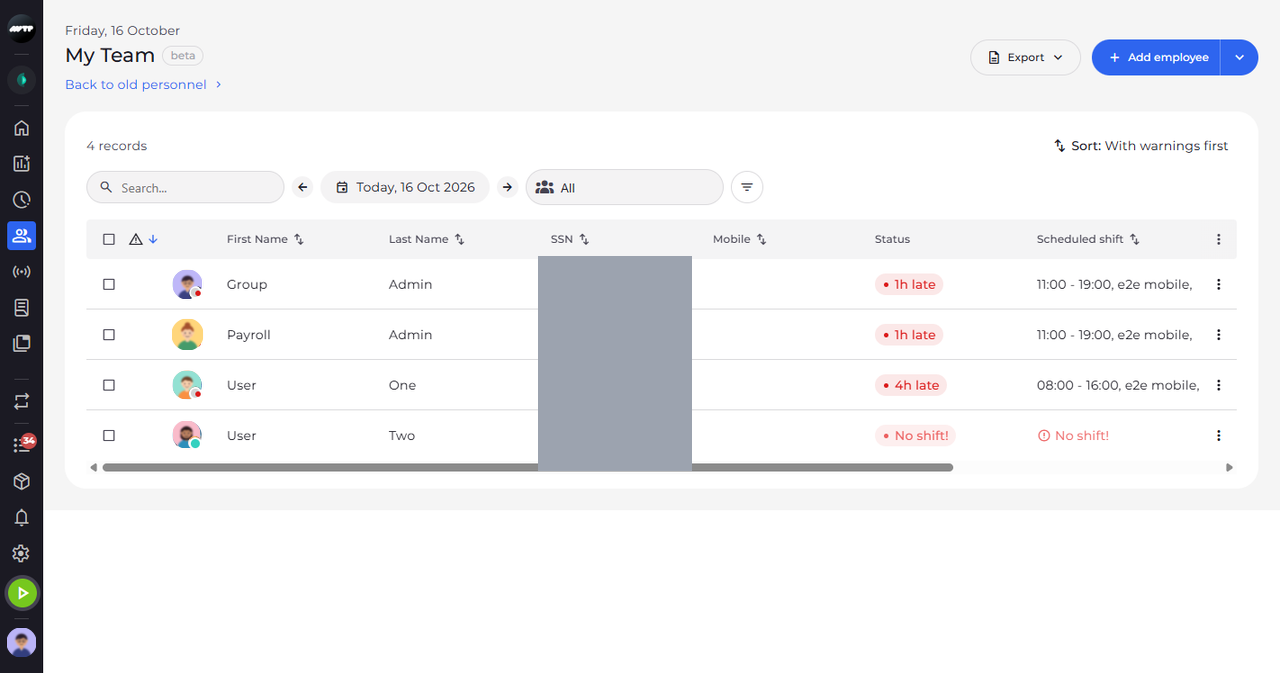 Screenshot: Sort the employees with warnings first